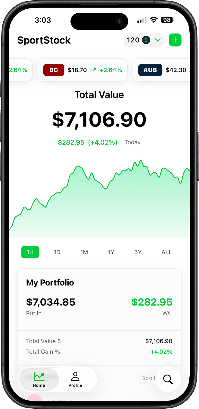 SportStock app home screen showing a portfolio of team stocks