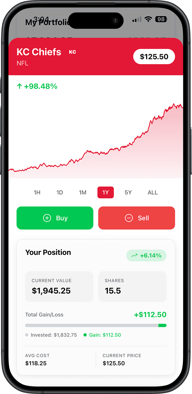 SportStock team page with live price chart and stats